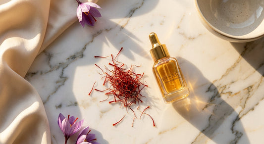 Luxury Ayurvedic flat-lay of Kashmiri saffron strands on marble