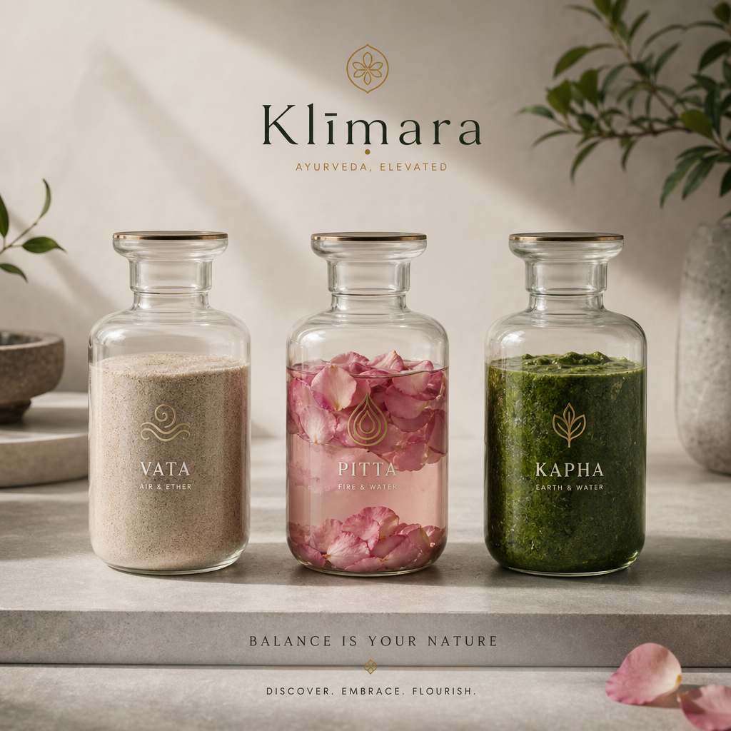 Luxury minimalist Ayurvedic scene with elements representing Doshas