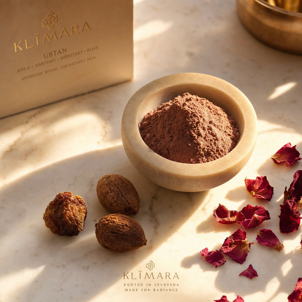 Luxury Ayurvedic close-up of raw Triphala fruits and Rose Clay ubtan powder on white marble.