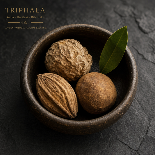 Luxury Ayurvedic arrangement of dried Triphala fruits in a ceramic bowl