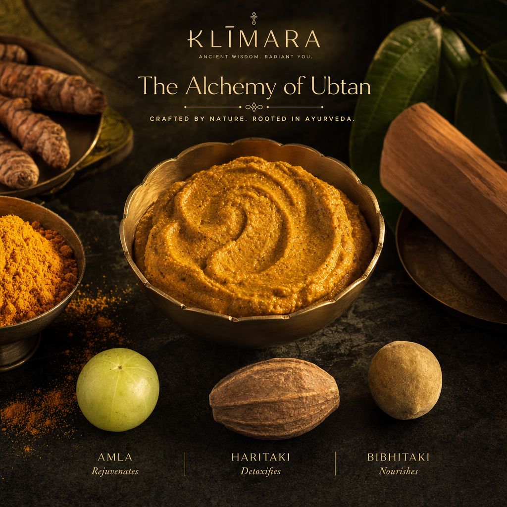 Luxury Ayurvedic composition for the Alchemy of Ubtan ritual with brass bowl and raw herbs