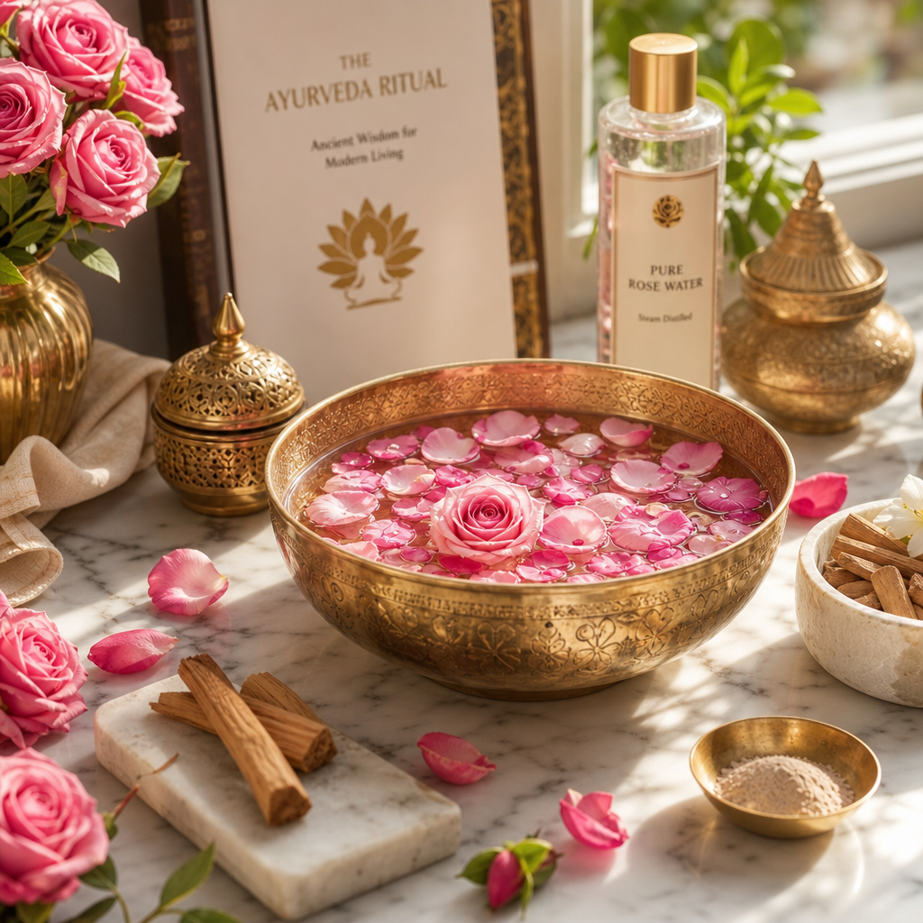 Luxury Ayurvedic cooling ritual with fresh rose water and sandalwood for summer skincare