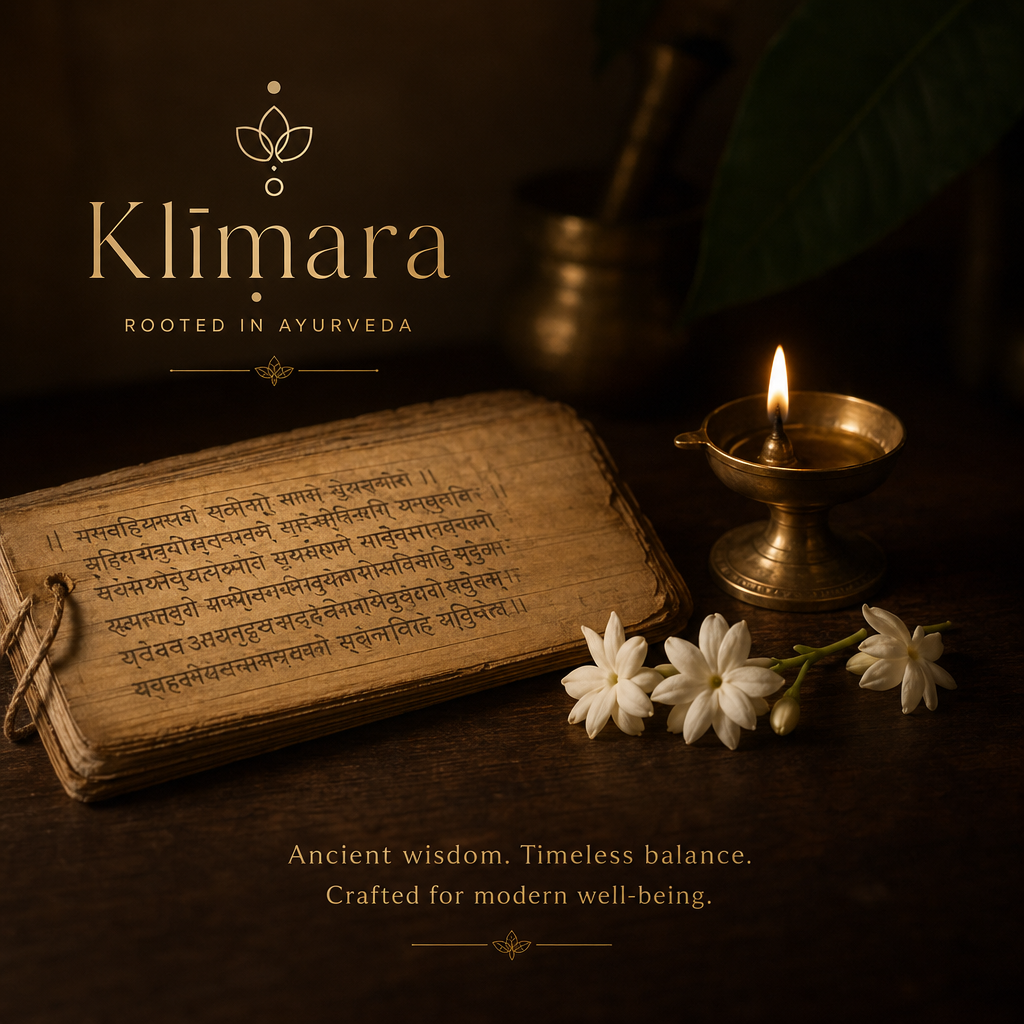 Luxury Ayurvedic scene with ancient Sanskrit manuscript and flickering brass lamp
