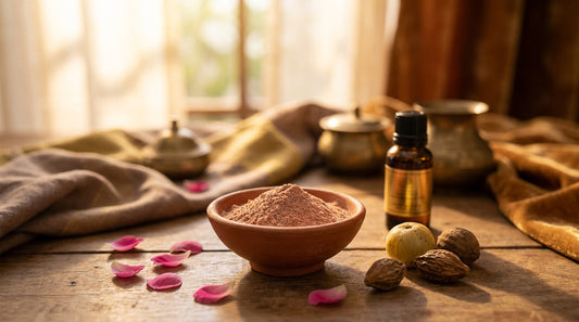 Luxury Ayurvedic composition with raw Triphala fruits and earthy ubtan powder on marble