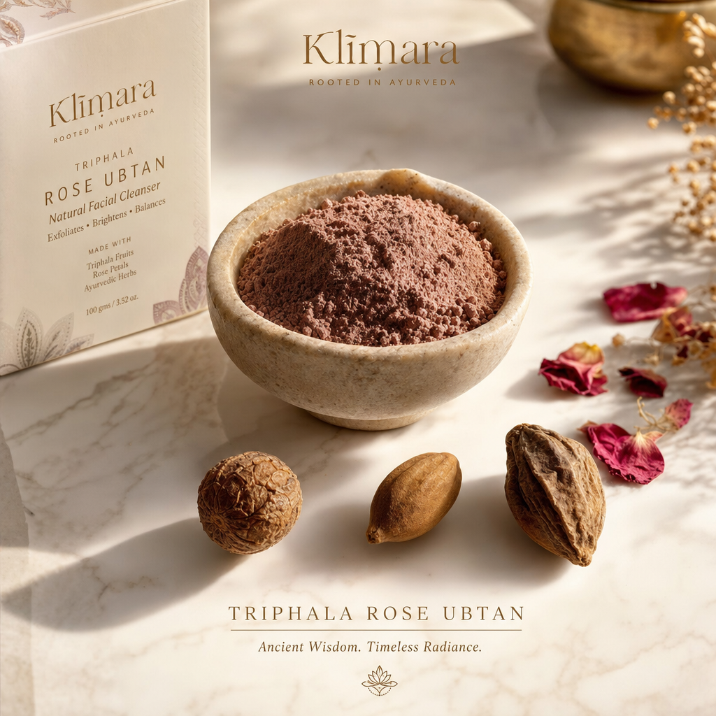 Luxury Ayurvedic composition with raw Triphala fruits and Rose Clay ubtan powder for pigmentation clarity