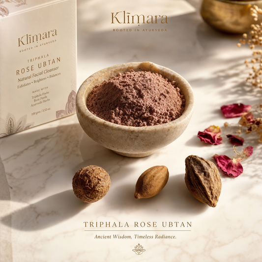 Luxury Ayurvedic composition with raw Triphala fruits and Rose Clay ubtan powder for pigmentation clarity
