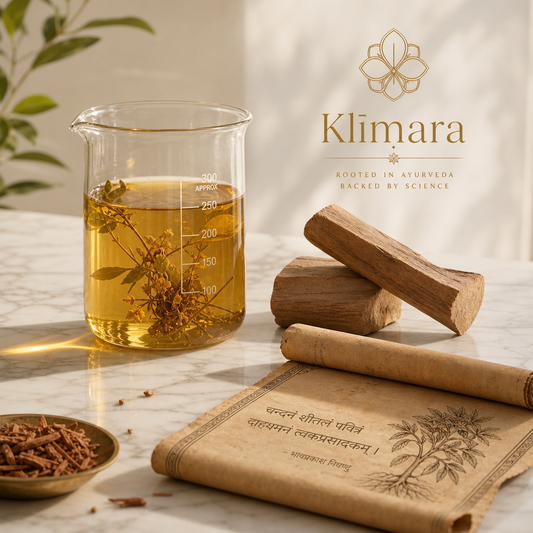 Luxury Ayurvedic science scene with herbal infusion, sandalwood, and ancient scroll for Varnya ritual
