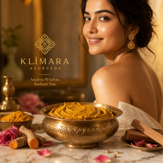 Luxury Ayurvedic setting with a radiant woman, golden turmeric, and rose petals for the Gauri glow ritual
