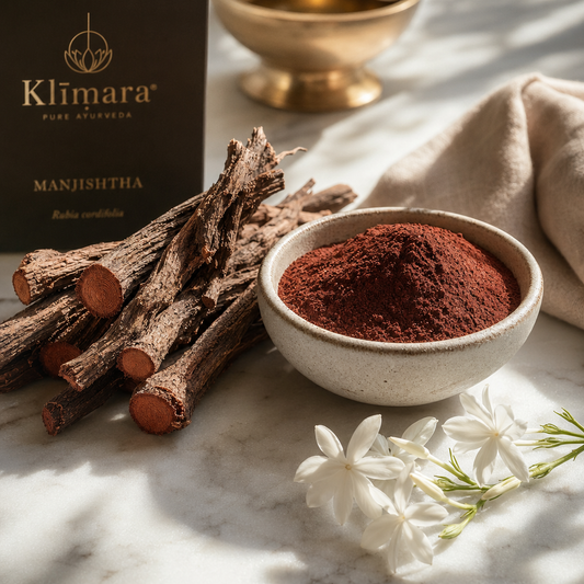 Luxury Ayurvedic close-up of raw Manjistha roots and powder in a ceramic bowl