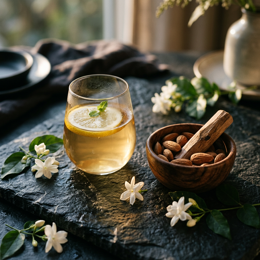 Luxury Ayurvedic composition for dry skin ritual with lemon water and raw almonds