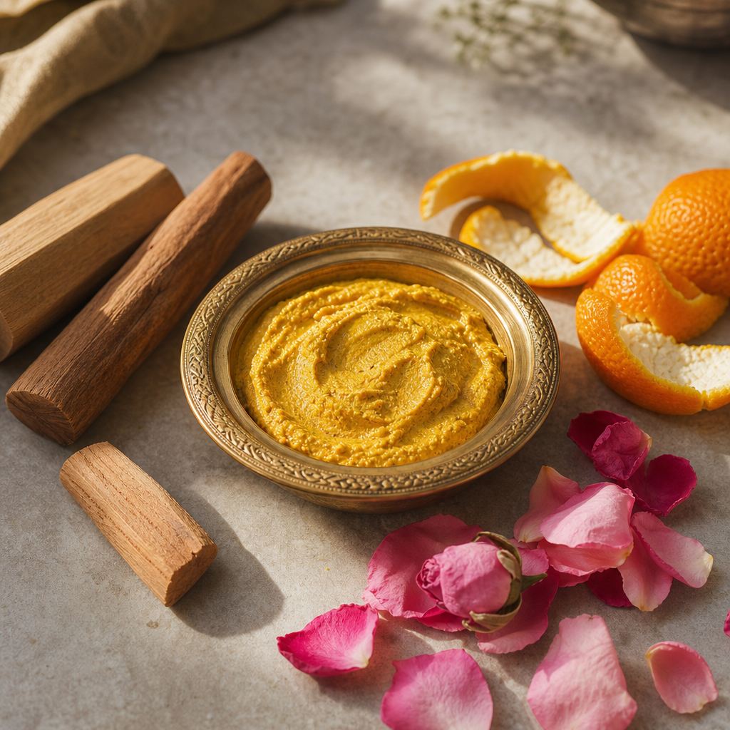 Luxury Ayurvedic composition for glowing skin ritual with Varnika ubtan ingredients