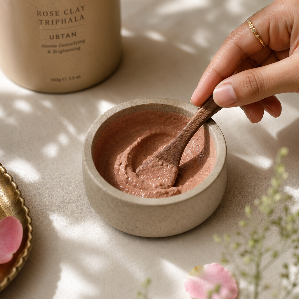 Luxury Ayurvedic close-up of raw Triphala and Rose Clay ubtan powder on sandstone