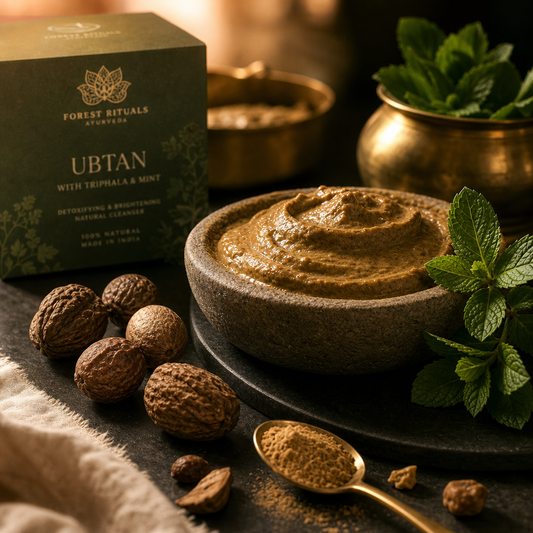 Luxury Ayurvedic setting with earthy ubtan paste and Triphala fruits for clearing Ama and dull skin