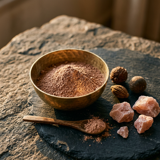 Luxury Ayurvedic setting with raw Triphala fruits and Rose Clay ubtan powder on marble for pigmentation ritual