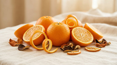 Fresh and naturally dried orange peels used in botanical skincare