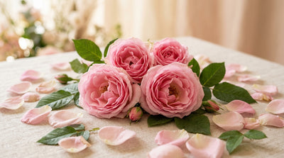 Fresh pink roses and rose petals used in botanical skincare