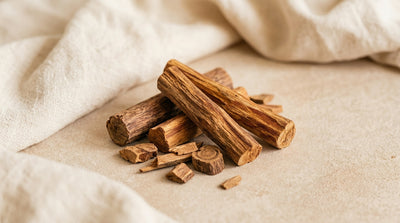 Natural sandalwood sticks and pieces used in Ayurvedic skincare
