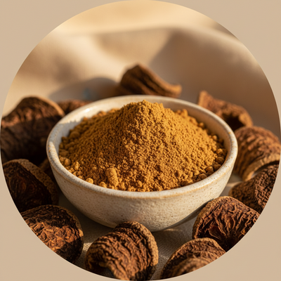 Dried Haritaki fruits and powder used in Ayurvedic skincare